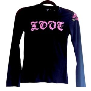 Y2K Vintage Black Long Sleeve Tshirt Pink Sequined Embroidered Cross and Heart